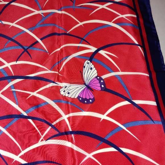 Hanae Mori Vintage Silk Butterfly Print Scarf Red Pink Blue - Picture 4 of 7